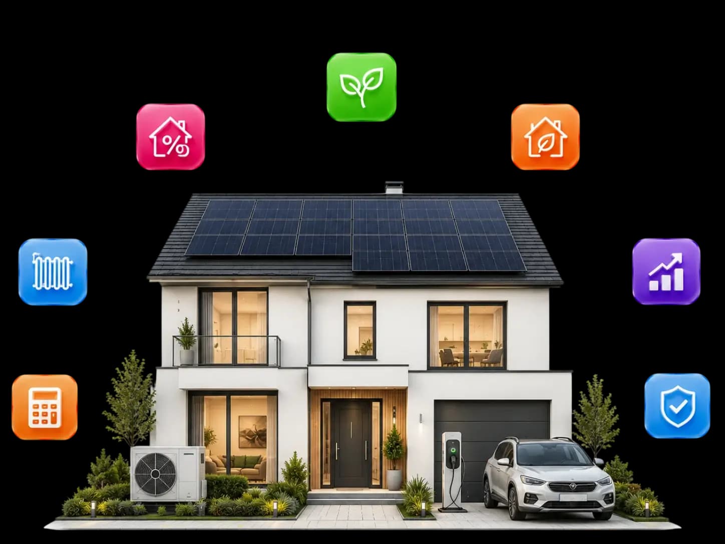 Einfamilienhaus mit Solaranlage, Wärmepumpe und Ladestation, umgeben von Symbolen für Förderprogramme