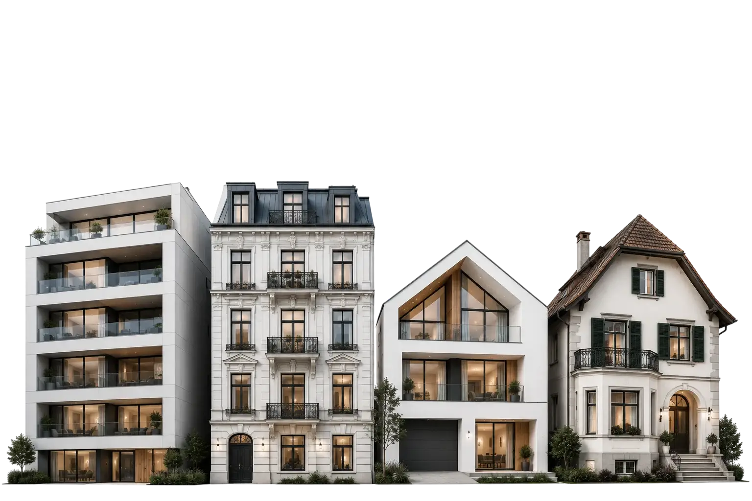 Reihe von Wohngebäuden: Einfamilienhaus, Altbau, Stadtvilla und Mehrfamilienhaus
