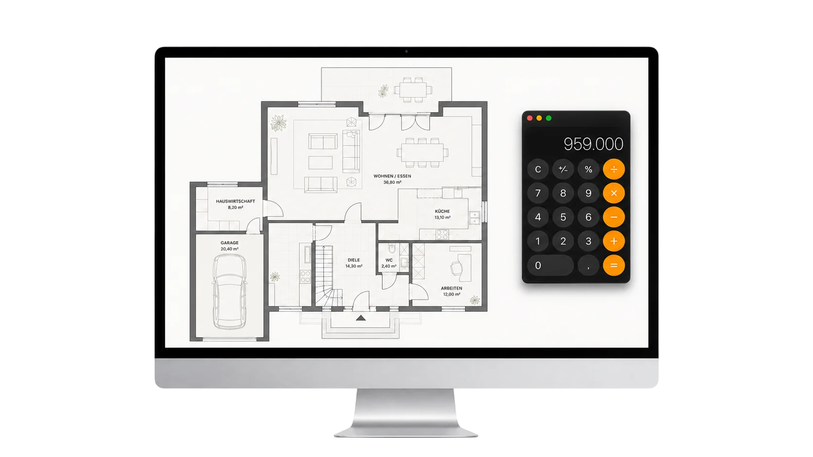 iMac mit Wohnungsgrundriss und Taschenrechner-App, die einen ermittelten Marktwert anzeigt