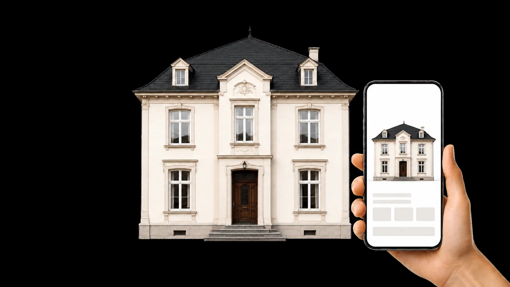 Villa mit Handy davor, das ein Exposé mit Foto und Objektdetails der Villa zeigt