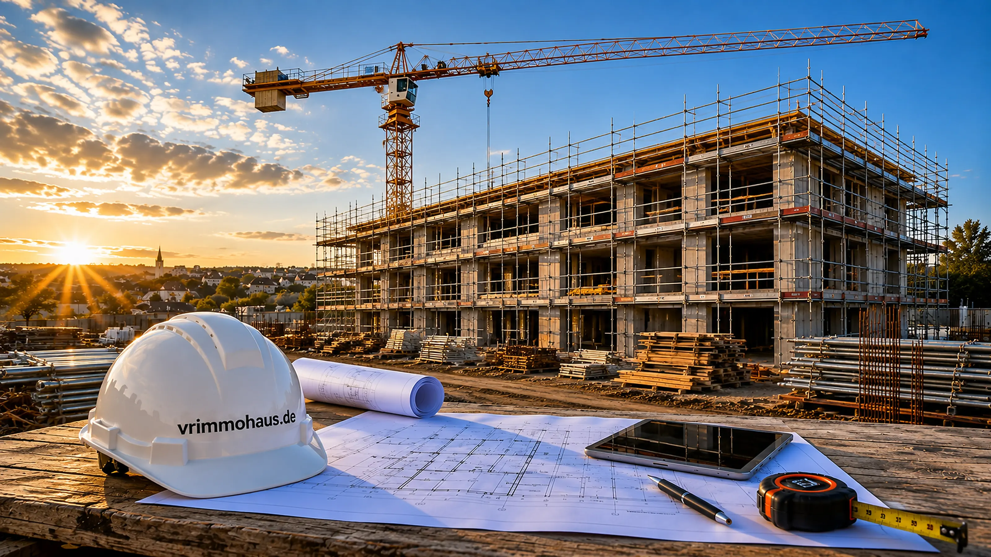 Bauüberwachung mit Plan, Helm und Tablet auf der Baustelle