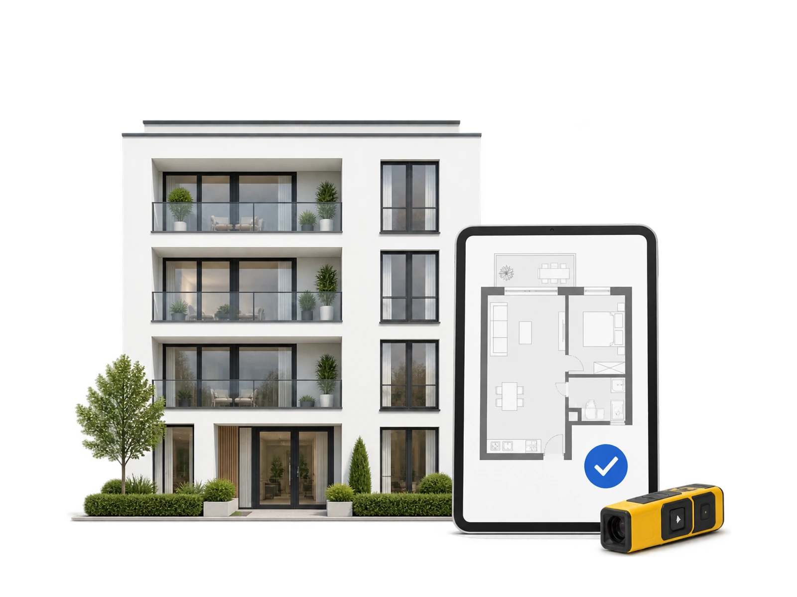 Geprüftes Wohnungsmodell mit Grundriss und Messwerkzeug