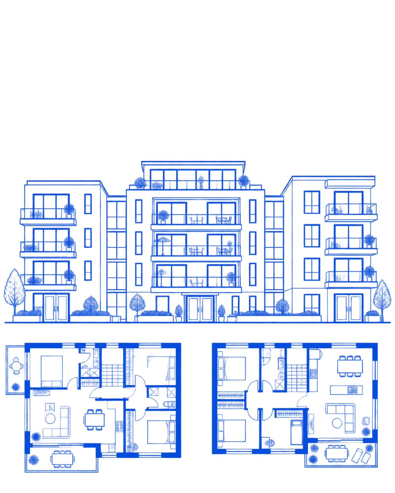 Frontale zweidimensionale Blueprint-Zeichnung eines Wohngebäudes
