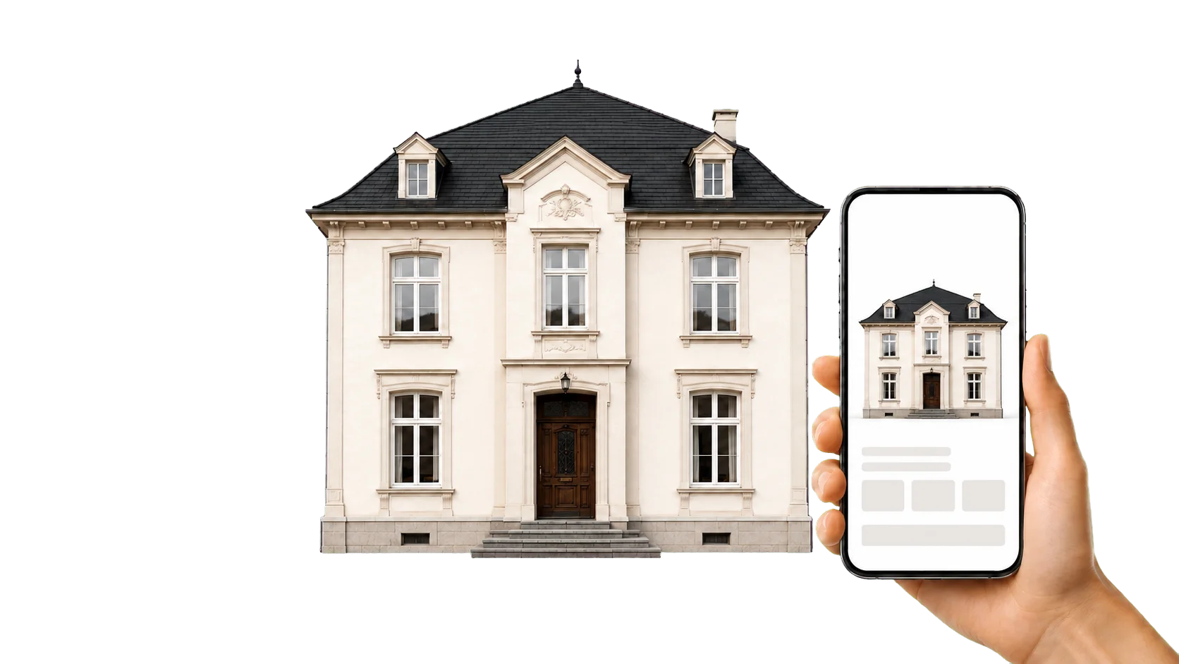 Immobilien verkaufen: Villa mit Exposé auf dem Handy