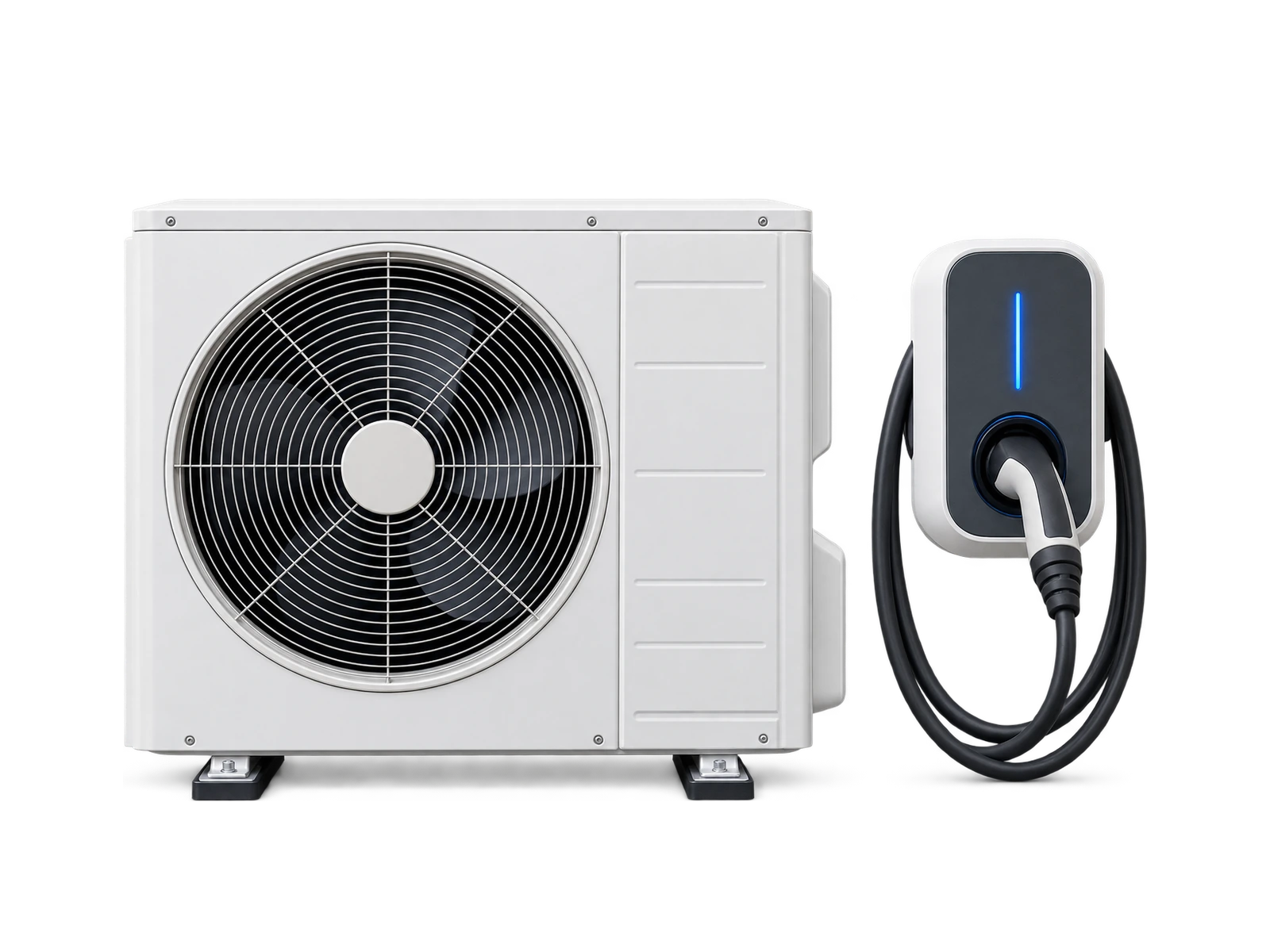 Frontale Reihe aus Batteriespeicher, Wärmepumpe und Solardach