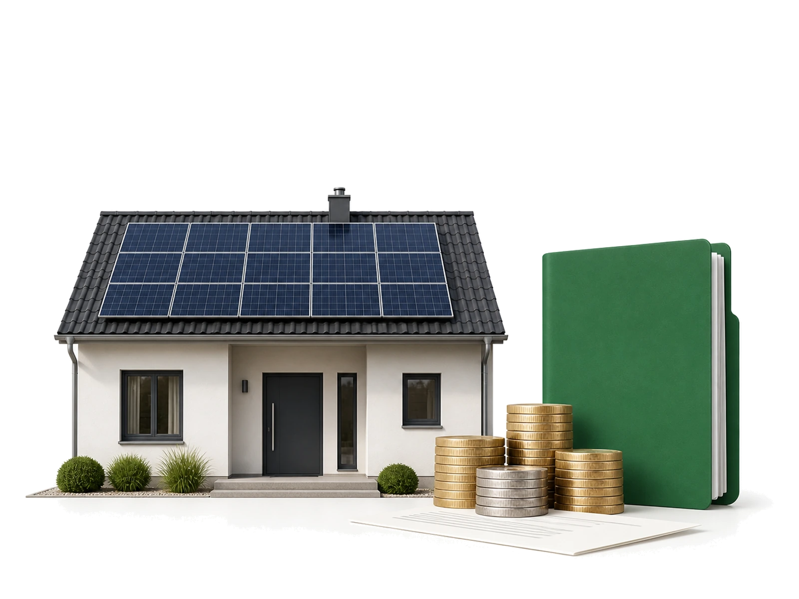 Effizienzhaus mit Solaranlage, Wärmepumpe, Fördermappe und Münzen