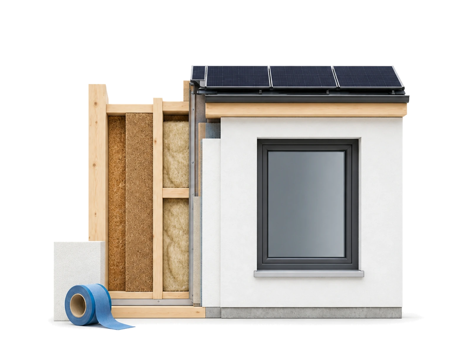 Aufbau einer energieeffizienten Außenwand mit Dämmung und Solardach
